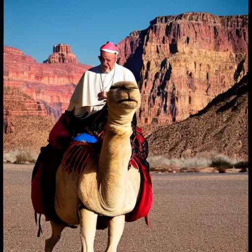 Image similar to A photo of the Pope riding a camel at the grand canyon 85mm lens, f1.8.