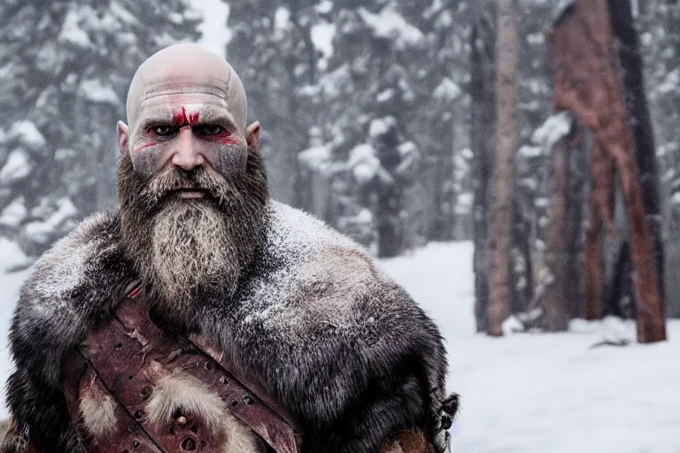 Image similar to vfx movie tough bald man in furs, natural grizzled skin, streaks of red face paint grey beard, dual wielding detailed viking war axes, in snowy tahoe, god of war by emmanuel lubezki