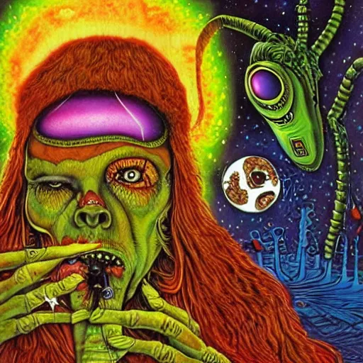 Prompt: a hippie smoking with an alien. psychedelic. detailed, color combinations, patrick woodroffe