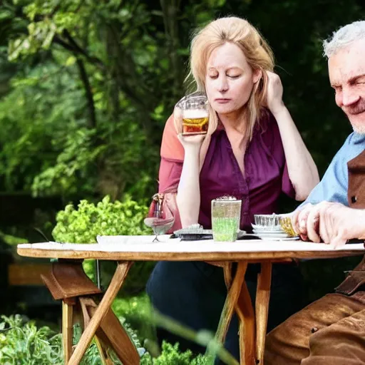 Prompt: man and woman sitting at table in garden. they drink beer and wine. the sun shines. folk horror. detailed. clematis. arbour