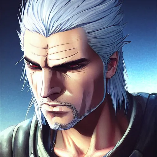 Prompt: well drawn animation portrait Anime geralt of rivia Sharp fine full body portrait , realistic shaded Perfect face, fine details. Anime. cyberpunk realistic shaded lighting by katsuhiro otomo ghost-in-the-shell, magali villeneuve, artgerm, rutkowski Jeremy Lipkin and Giuseppe Dangelico Pino and Michael Garmash and Rob Rey