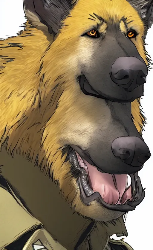 Image similar to close up character portrait icon of the german shepard beast - man military uniform head animal person wearing clothes standing in the mountains, hidari, color page, tankoban, 4 k, tone mapping, akihiko yoshida