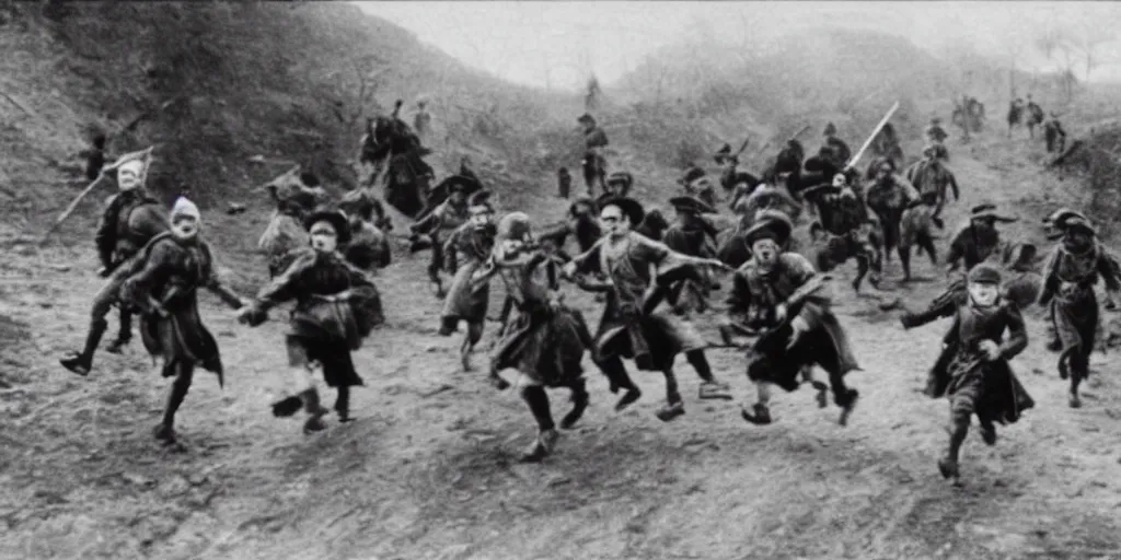 Image similar to villagers running from huge medieval fantasy town, 1 9 1 0 s film scene