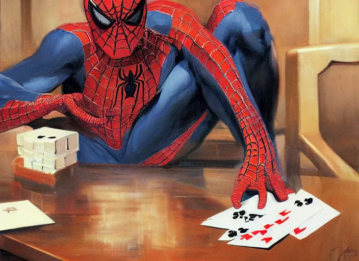 Image similar to a highly detailed beautiful portrait of spiderman playing poker, by gregory manchess, james gurney, james jean