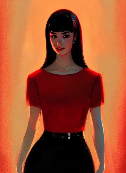 Image similar to portrait of veronica lodge with bangs, 1 9 6 0 s, long hair, red clothes, bangs, intricate, elegant, glowing lights, highly detailed, digital painting, artstation, concept art, smooth, sharp focus, illustration, art by wlop, mars ravelo and greg rutkowski