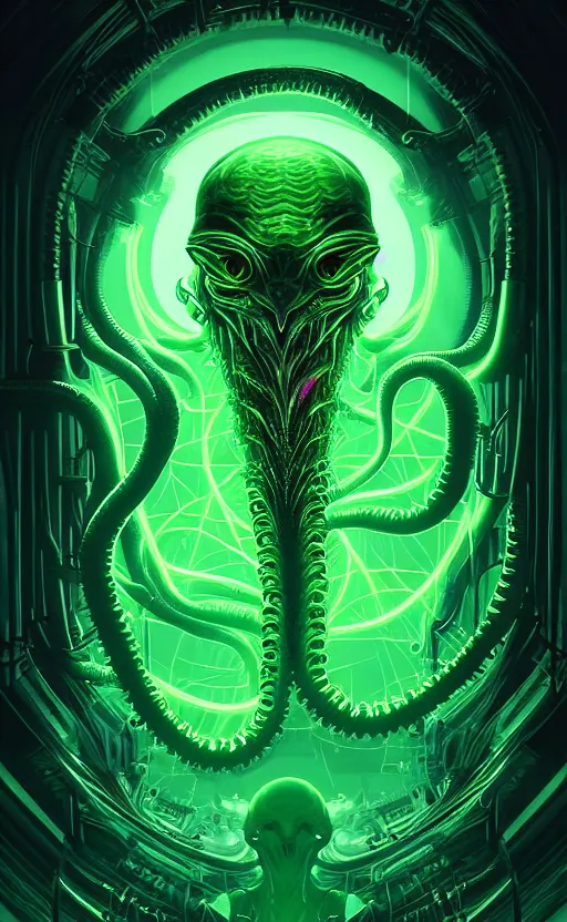 Image similar to poster style, a beautiful and terrifying painting with high details a digital portrait of lovecraftian tech god, green neon cyber cthulhu, cyber noir, movie atmosphere, movie lights, 8 k, light effect, rtx on, trending on artstation, by kilian eng, lee madgwick, bastien lecouffe - deharme