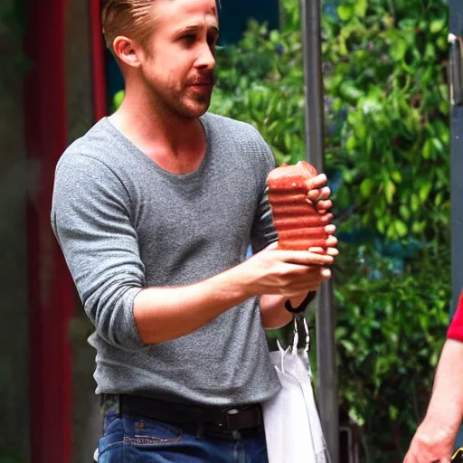 Image similar to Ryan Gosling eating sausage