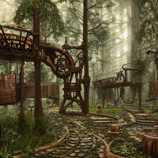 Image similar to steampunk forest. high details. 8K. detailed. photorealism. artstation. well lit. digital render. intricate. ultra realistic