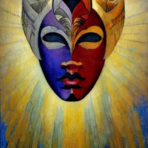 Image similar to masterpiece painting of a facemask made of stylized flowers, by annie swynnerton and jean delville and john watkiss and rufino tamayo and diego rivera, flower mask, art deco shaman, symbolist, dramatic lighting, god rays, elaborate geometric ornament, modern realism, clean crisp graphics, soft cool colors, smooth, sharp focus, extremely detailed