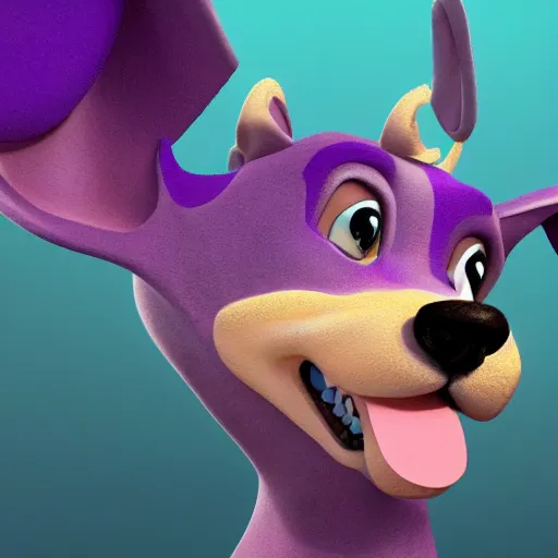 Image similar to a beautiful 3d render of a purple dog in a disney movie, in the style of disney, pixar, mixed media collage, highly detailed, 8k resolution