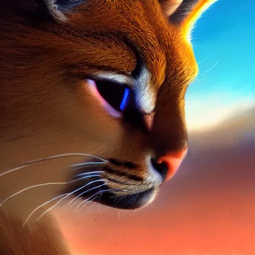 Image similar to cyberpunk, armitage, closeup portrait of a cute fluffy caracal and light blue eyes, brown buzzcut, cyborg, dramatic light, city background, sunset, dystopian setting, high contrast, sharp, neuromancer, painted by stanley lau, painted by greg rutkowski, painted by stanley artgerm, digital art, trending on artstation