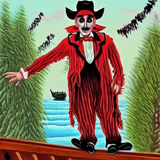 Image similar to “Walt Disney dressed like Freddy Krueger on a pirate ship sailing over Niagara Falls, in the style of artist Henri Rousseau.”