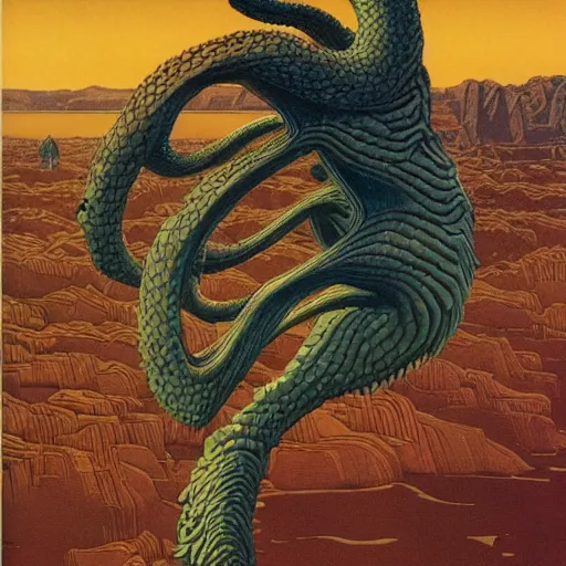 Image similar to hydra, highly detailed, artstation, in the style of moebius, art by rene magritte and jean delville