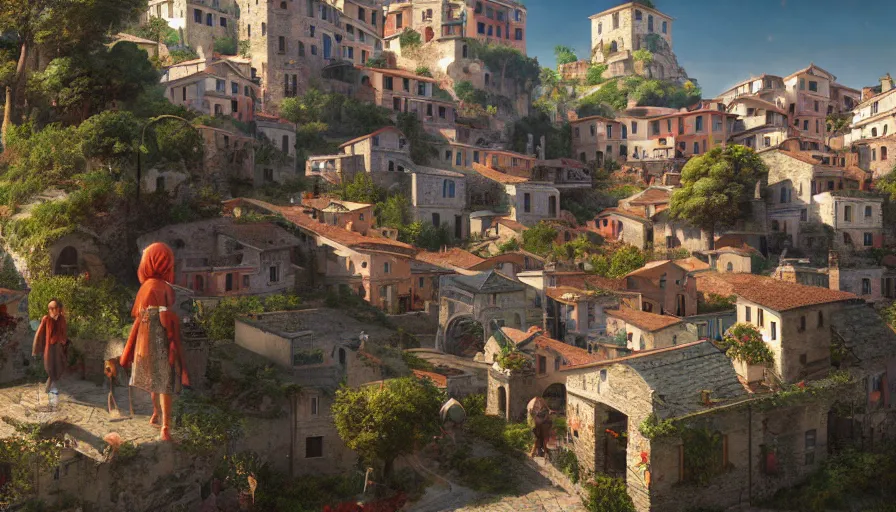 Image similar to very very small italian village, by ilya kuvshinov, rtx rendering, octane render 1 2 8 k, maya, extreme high intricate details by tom bagshaw, medium shot, close up shot, composition by sana takeda, lighting by greg rutkowski