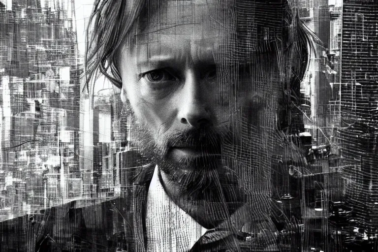 Prompt: ! dream a film portrait still of thom yorke in new york, gritty cyberpunk atmosphere. realism, cinematic lighting, 4 k. 8 mm. grainy. panavision.