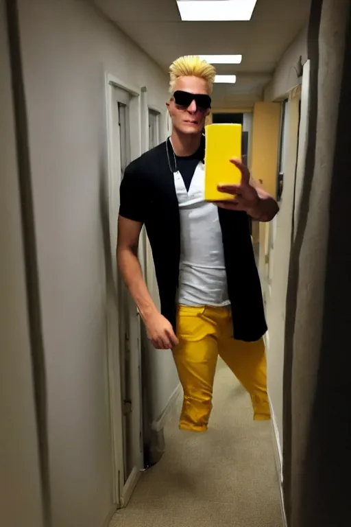 Prompt: a seemingly endless series of hallways with no natural lighting, LED yellow-tinted ceiling lighting, simple wallpaper, and a dirty carpet that extends throughout the entire system of hallways, Johnny Bravo! is standing in the hallway taking a selfie, photo