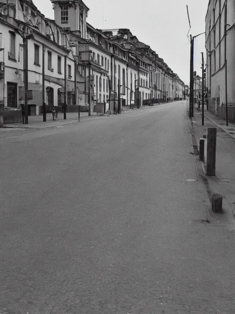 Prompt: a black and white photo of a city street by pietro testa, featured on tumblr, berlin secession, 1 9 7 0 s, 1 9 9 0 s, matte photo