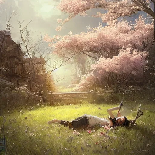 Image similar to awoke to sweet smell of spring, by wlop, artgerm, greg rutkowski