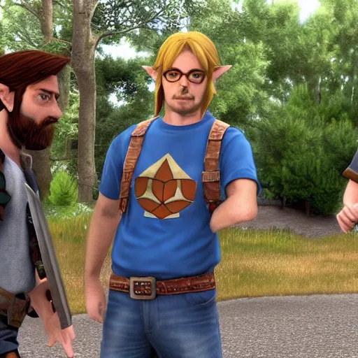 Image similar to link from legend of zelda visits the trailer park boys and smoke's weed with them, real trailer park boys episode, realistic, hdr, clear image, hdd, rtx on, dynamic lighting,