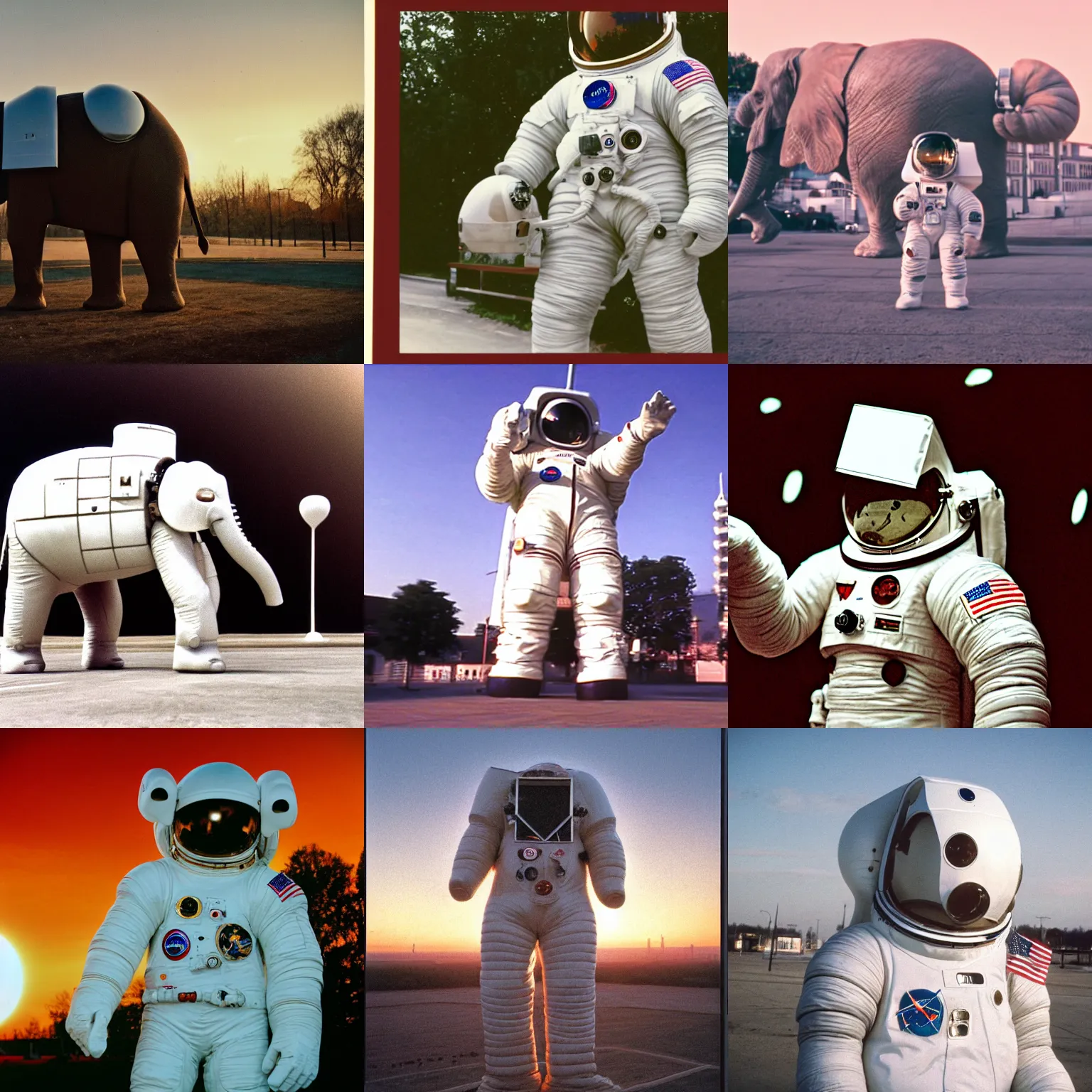 Prompt: shot on daghherotype, single subject, giant elephant wearing white custom made american spacesuit with oversized giant helmet as astronaut animal, in legnica, sunrise, by vhs camcoder