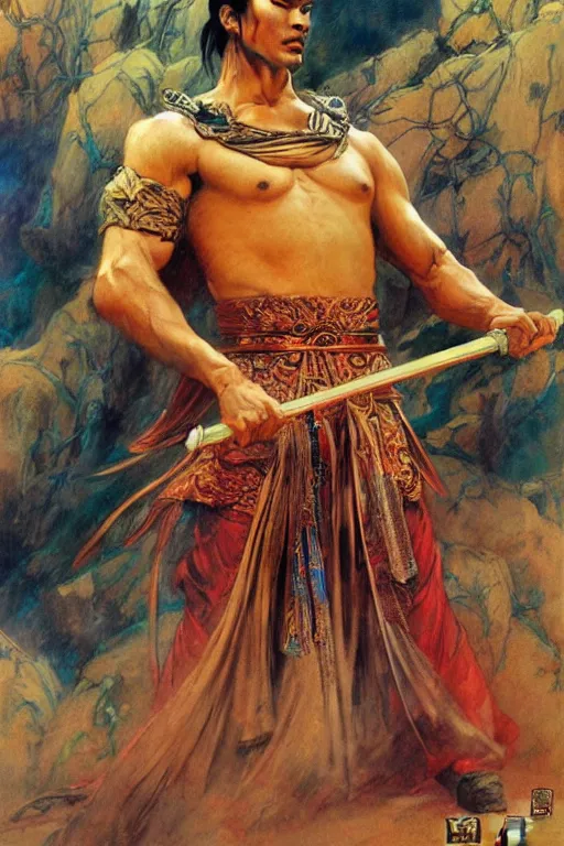 Image similar to wuxia, male, character design, ancient china, colorful, painting by gaston bussiere, craig mullins, j. c. leyendecker, tom of finland