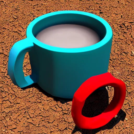 Prompt: a realistic photo of a mug being smashed on the ground and breaking into multiple voxel cubes. photo realistic.