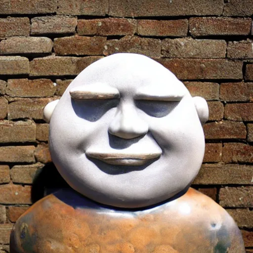 Image similar to anthropomorphic moon sculpture, man in the moon, ceramic, smiling moon, photograph, fine art, glazed ceramic, kitsch,