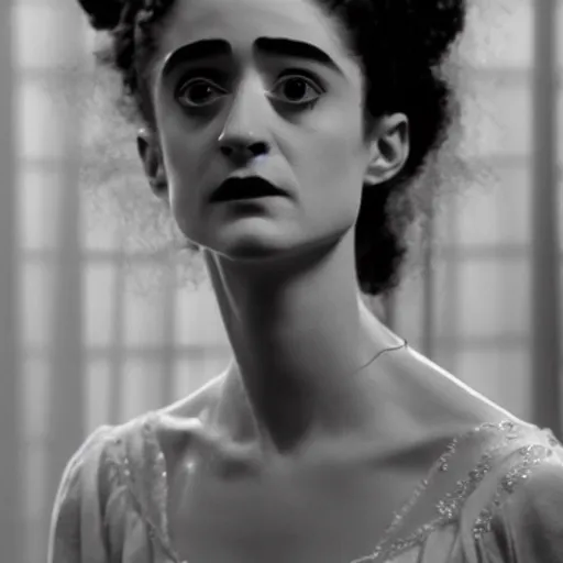 Image similar to natalia dyer as nancy wheeler in the bride of frankenstein, black and white