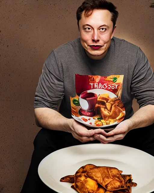 Image similar to a portrait of elon musk sitting at the dining table with a plate containing samosa in front of him, highly detailed, trending on artstation, bokeh, 9 0 mm, f / 1. 4