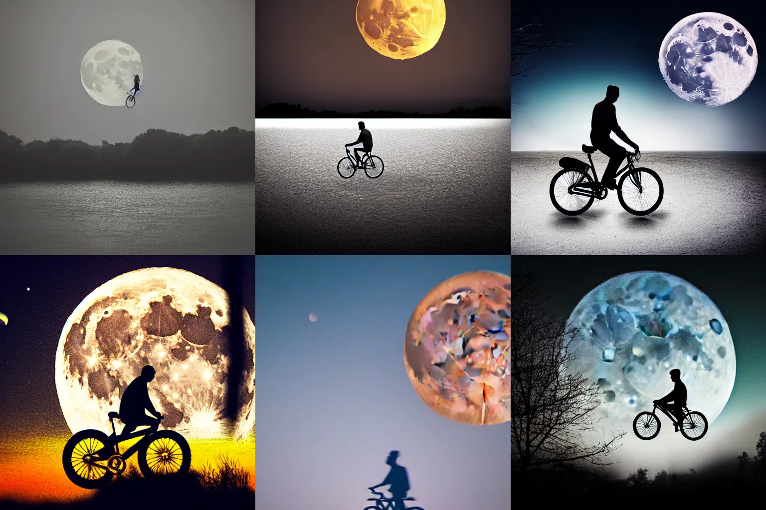 Prompt: high detail award winning photograph of a man riding a bicycle floating in front of big moon, cinematic, atmospheric, spooky, hazy, 8k, tranquil