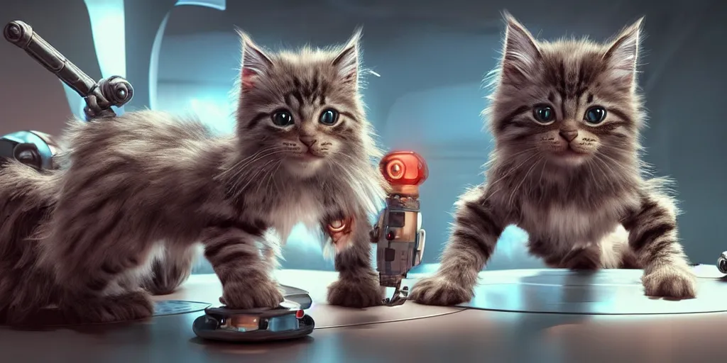 Image similar to a 3 d rendered movie of a cute robot kitten. the robot has rgb lighting implants and it resembles a maine coon kitten. in the background is a cat tree ( cyberpunk ). dramatic lighting. science fiction blockbuster movie, imax 7 0 mm. octane 3 d render, style of mandalorian ( american space western television series )