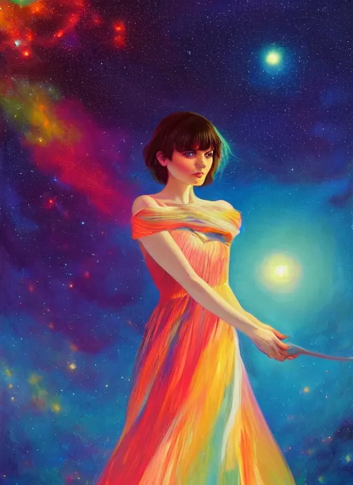 Image similar to full - length portrait of lauren mayberry, standing in front of a colorful starry galaxy, detailed face, fantasy, cinematic lighting, digital art painting, fine details by realistic shaded lighting poster by ilya kuvshinov katsuhiro otomo, magali villeneuve, artgerm, jeremy lipkin and michael garmash and rob rey