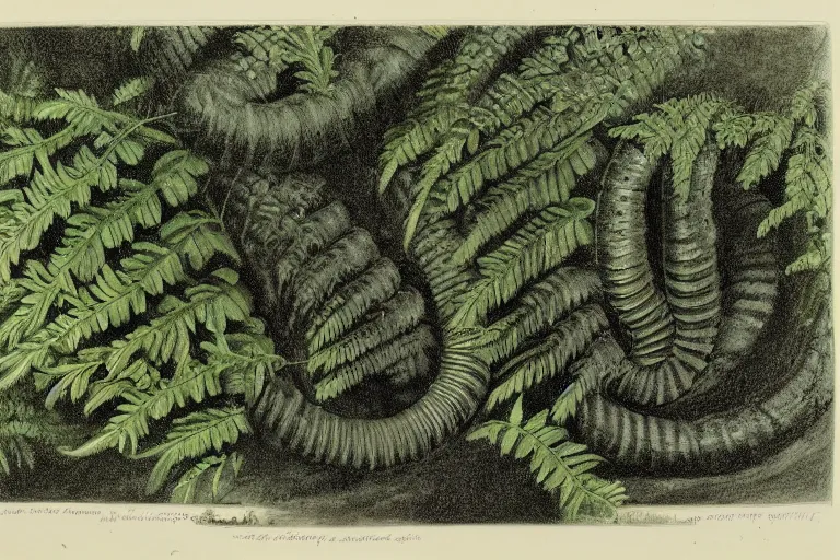 Image similar to naturalist drawing of an extinct giant millipede in a lush fern forest