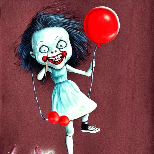 Image similar to grunge cartoon painting of a little girl playing with a jump rope with a wide smile and a red balloon by chris leib, loony toons style, pennywise style, corpse bride style, horror theme, detailed, elegant, intricate