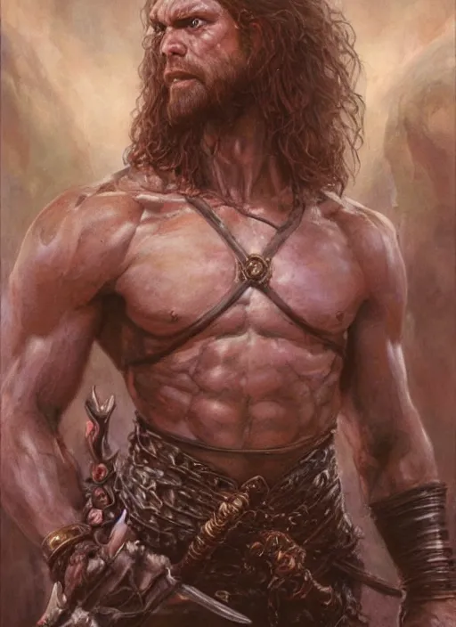 Image similar to a hyperrealistic and detailed paintbrush portrait of a male fantasy character, art by donato giancola and bayard wu and gustav moreau and wayne barlowe, rpg portrait, conan, krull, 8 0's fantasy movies, dungeons & dragons, d & d, artstation