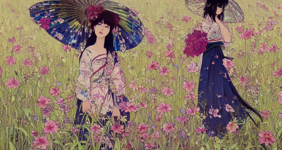 Image similar to oil painting, long shot, beautiful floralpunk japanese girl illustration walking in a park, detailed patterns art of japan traditional dress, flower pop art, floral splash painting, art by ashley wood, alphonse mucha, makoto shinkai, geof darrow, dark shadow