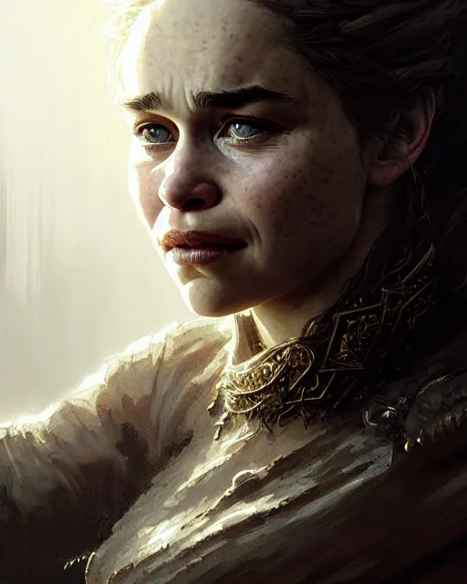 Image similar to emilia clarke pretty, character portrait, portrait, close up, concept art, intricate details, highly detailed by greg rutkowski, michael whelan and gustave dore