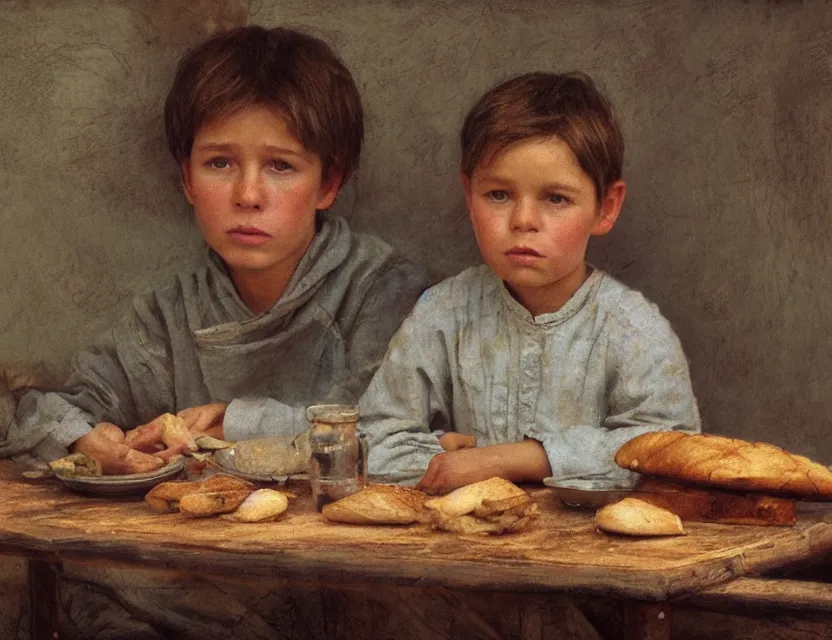 Prompt: portrait of little peasant boy sitting infront of table with bread, cottage core, cinematic focus, polaroid photo bleached vintage pastel colors high - key lighting, soft lights, foggy, by steve hanks, by lisa yuskavage, by serov valentin, by tarkovsky, 8 k render, detailed, oil on canvas