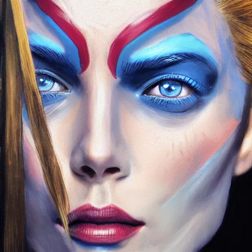 Prompt: mystique from the xmen, 8 k, realistic, oil painting, high detail, pretty face,