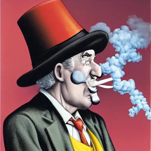 Image similar to uncle pennybags holding a Sherlock pipe, melting smoke clouds, drawing by Alex Ross