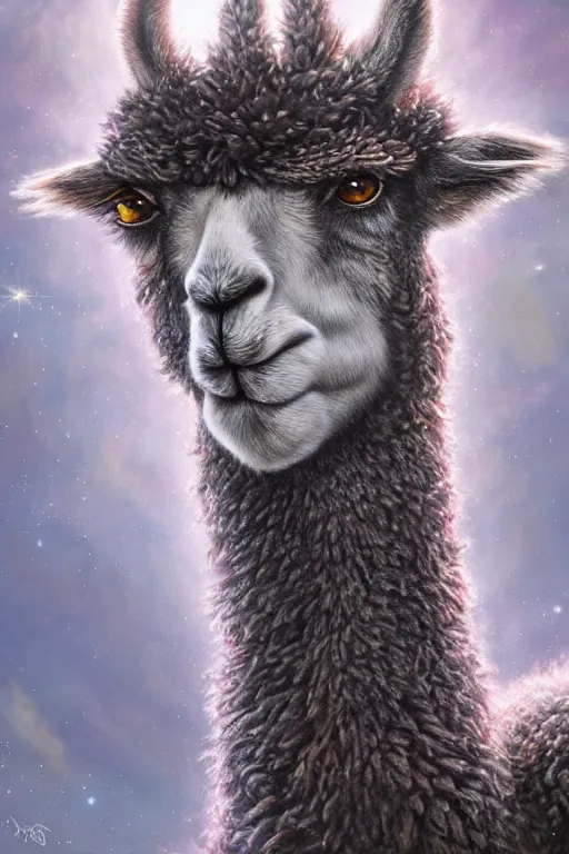 Image similar to beautiful oil painting with high detail of a llama made of stars and plasma, hybrid from dungeons and dragons and art direction by James Cameron ;by artgerm; wayne reynolds art station; cinematic quality character render; low angle; ultra high quality model; production quality cinema model, daily deviation, masterpiece anthro art, llama