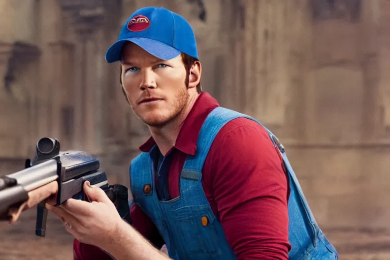 Image similar to a photo of chris pratt wearing a red cap and blue overalls carrying a shotgun, photorealistic, 8 k, castle background