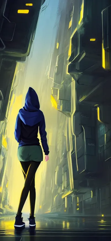 Prompt: a vtuber model concept art of a beautiful girl in a black and yellow hoodie looking on a smartphone in her hand, blue eyes, long hair, full body art, futuristic city background, artstation, digital art, commission art, style by jordan grimmer and greg rutkowski, 4 k resolution