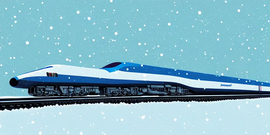 Image similar to A supersonic maglev train in North Pole riding though snow, cold, snowy, art by James Gilleard, James Gilleard artwork