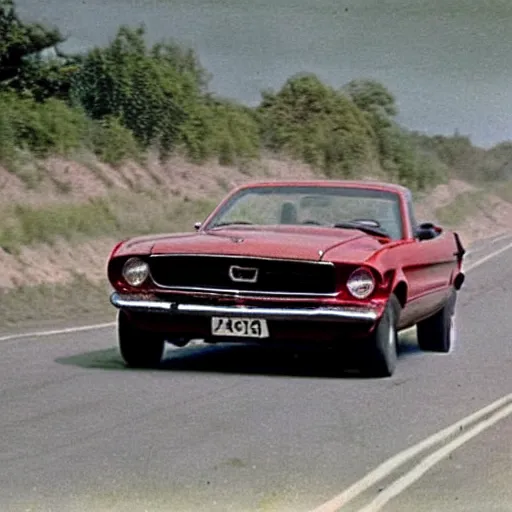 Image similar to coloured photograph of a muscled young white bald guy with broad shoulders, black shirt and a large chest driving a racing red mustang down a british road, high detail, very clear faces