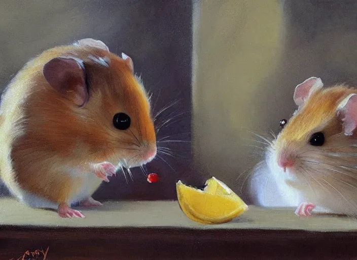 Image similar to a highly detailed beautiful portrait of a cute little hamster eating lemon, by gregory manchess, james gurney, james jean