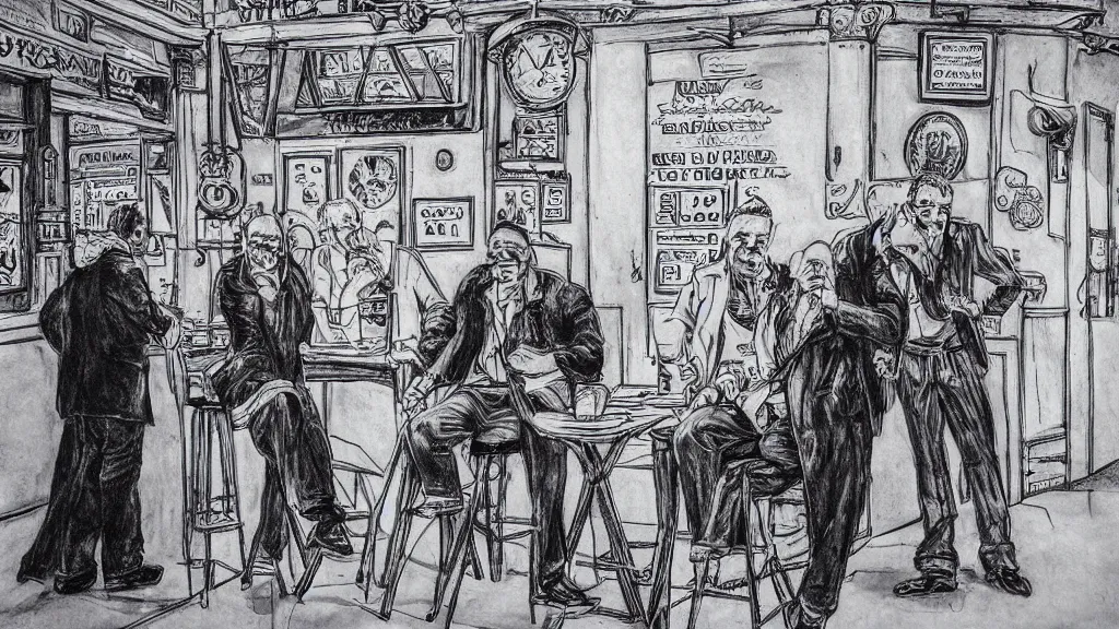 Prompt: A French man, A Dutch man and a British man walk into a pub, ballpoint pen artwork