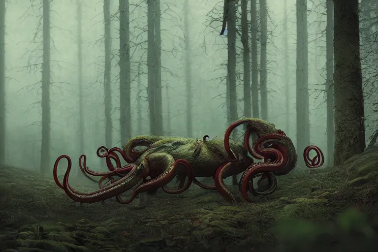 Image similar to dark demon beast with tentacles in a swedish forest, very low angle photograph, very detailed, trending on artstation, realistic, soft colors, illustration by john bauer, simon stålenhag, horror, creepy