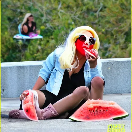 Image similar to lady gaga eating watermelon sitting on the streen, flies flying around