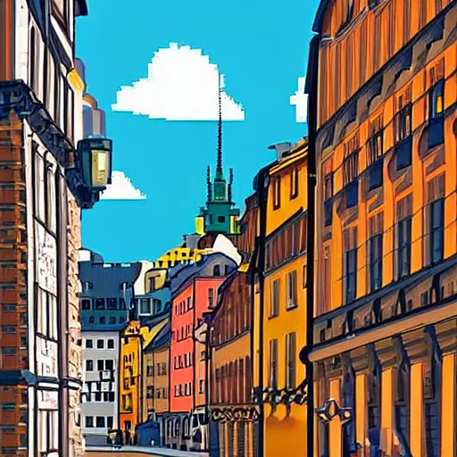 Prompt: pixel art of stockholm, gamla stan,